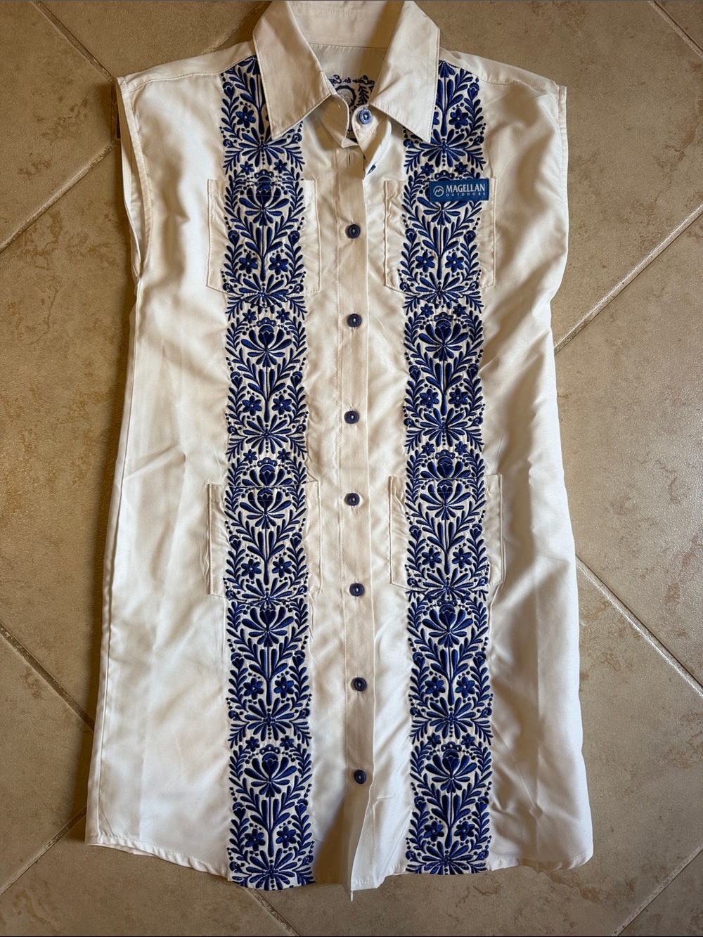 Magellan Sleeveless White Button-Up with Navy Embroidery